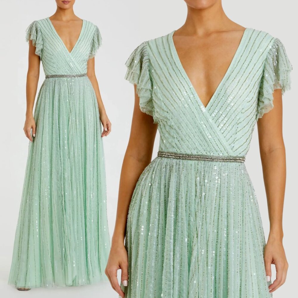 Mac Duggal 5502 Size 16 Light Green Sequined Ruffled Cap Sleeve Gown Maxi Dress